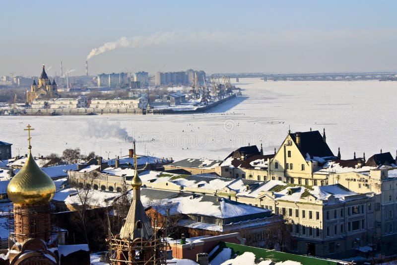 Confluence of the Oka in the Volga. Stock Photo Image of church