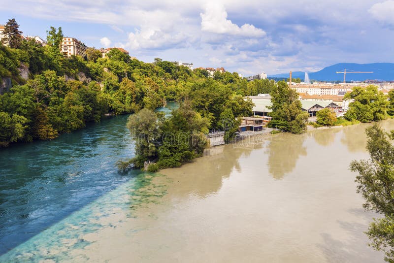 Confluence of the Rhone and Arve Rivers in Geneva Stock Image Image