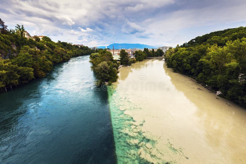 Confluence of the Rhone and Arve Rivers in Geneva Stock Image Image