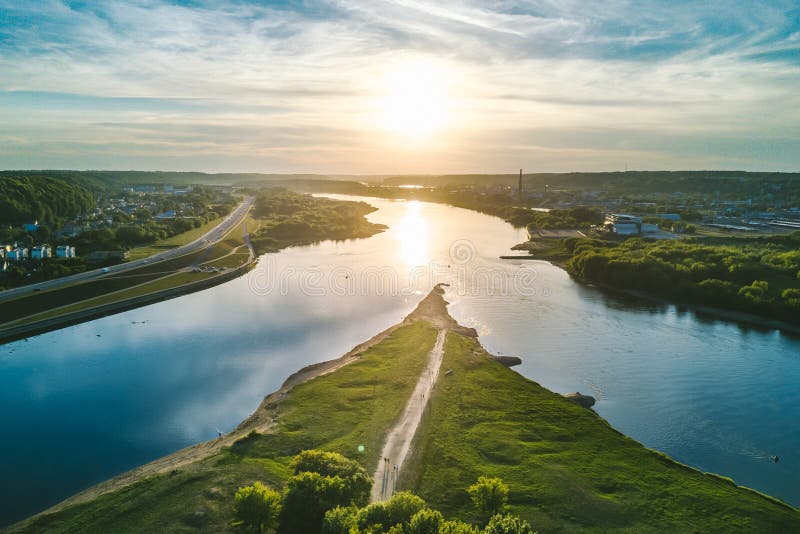 Confluence of two rivers Namunas and Neris in Kaunas old town