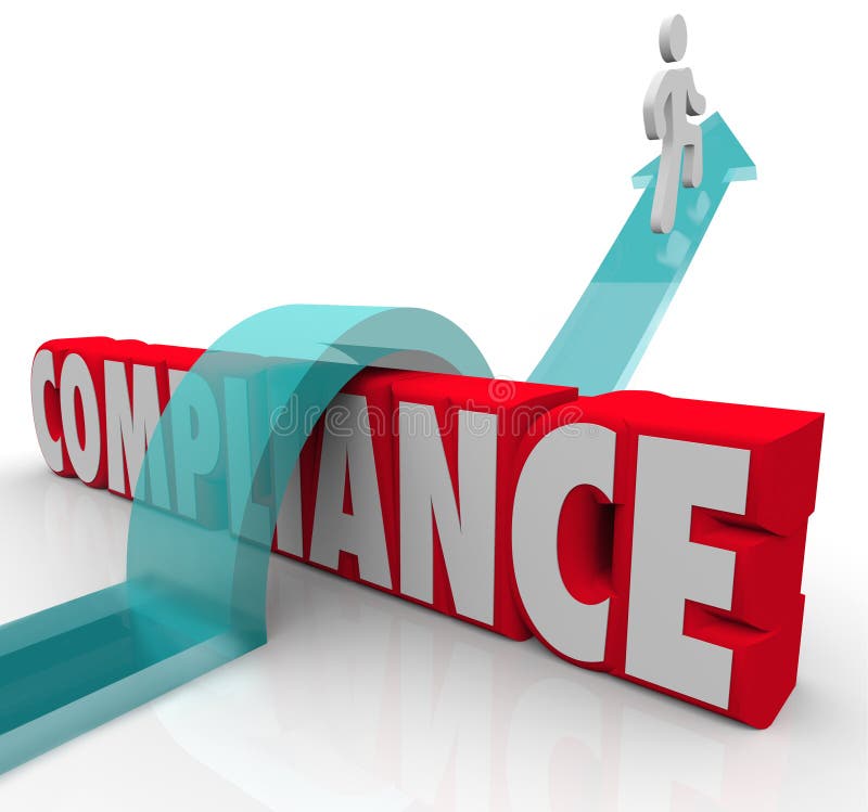 A person riding an arrow over the word Compliance to achieve success by following rules and regulations. A person riding an arrow over the word Compliance to achieve success by following rules and regulations