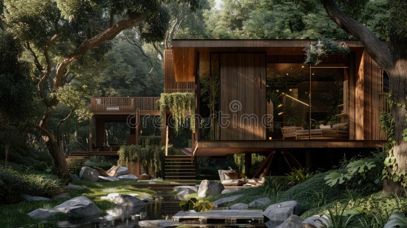 Modern comforts meet nature in this unique, elegant treehouse retreat in the forest. Private retreats. AI generated. Modern comforts meet nature in this unique, elegant treehouse retreat in the forest. Private retreats. AI generated