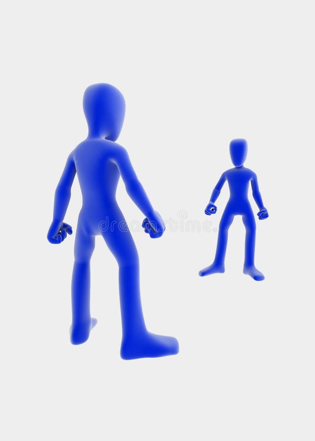 Two 3d figures facing each other with clenched fists; blue over white background. Two 3d figures facing each other with clenched fists; blue over white background