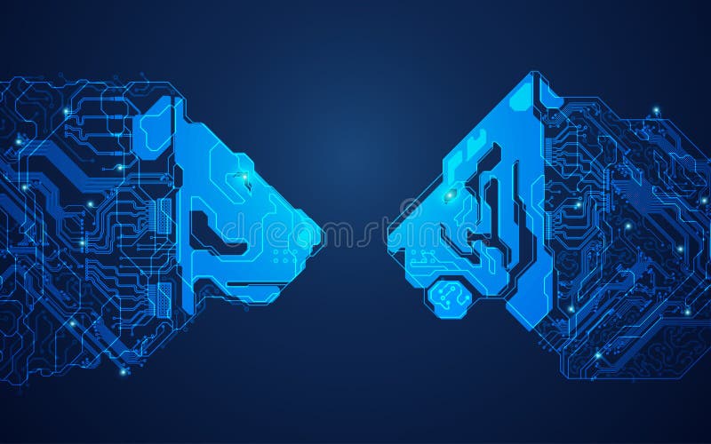 Futuristic digital lion versus technological tiger, shape of lion and tiger head combined with electronic board, concept of powerful technology confrontation. Futuristic digital lion versus technological tiger, shape of lion and tiger head combined with electronic board, concept of powerful technology confrontation