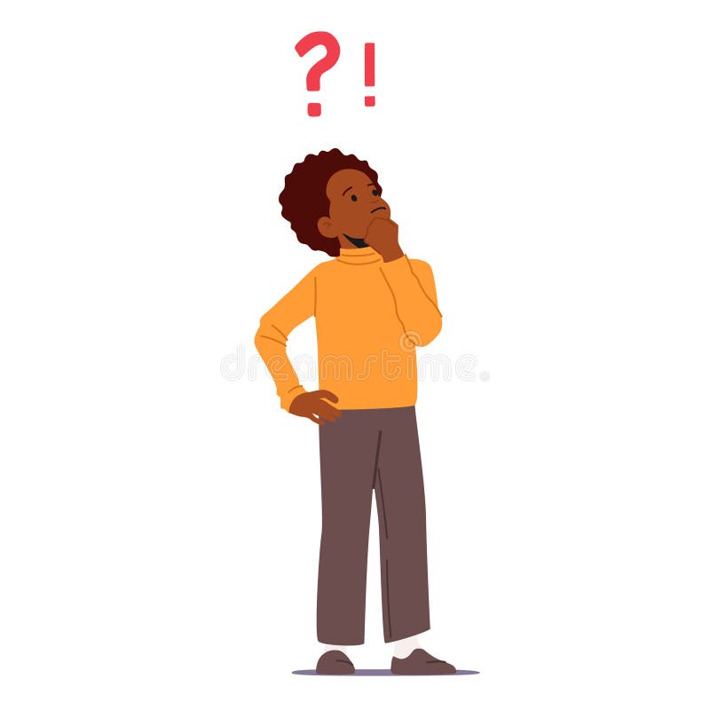 Confused African Boy Question Expression, Confused Curious Kid Asking Questions, Thinking, Searching Answer and Solution royalty free illustration