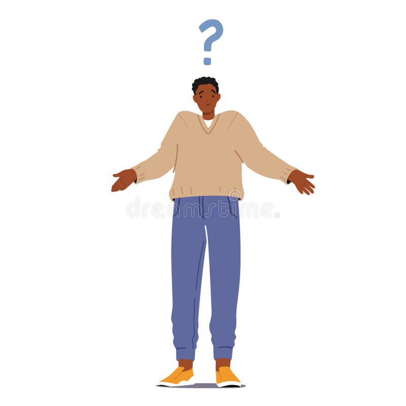 Confused African Man Shrug with Big Question Mark over Head. Confused, Curious Person Asking Questions, Thinking royalty free illustration