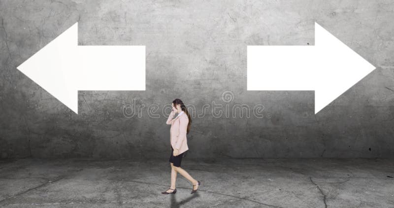 Business woman walking in front of a choice