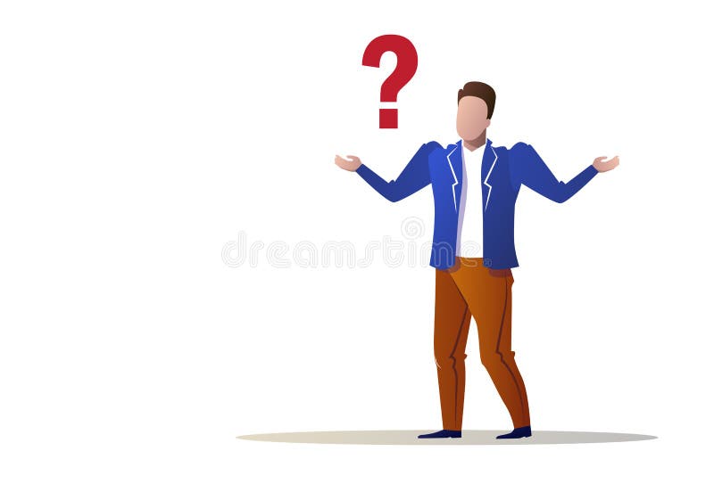 Confused businessman question mark concept trouble problem stress business man isolated flat full length horizontal vector illustration Confused businessman question mark concept trouble problem stress business man isolated flat full length horizontal vector illustration