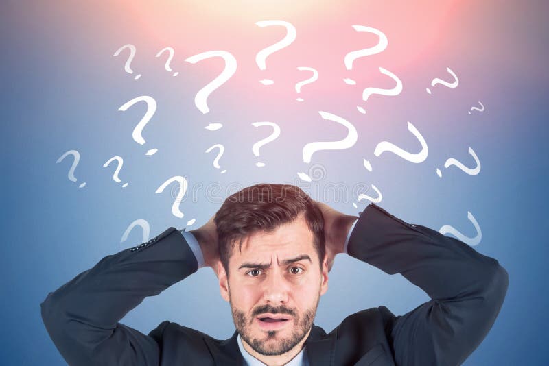 Confused businessman, question marks blue stock photos Confused businessman, question marks blue stock photos