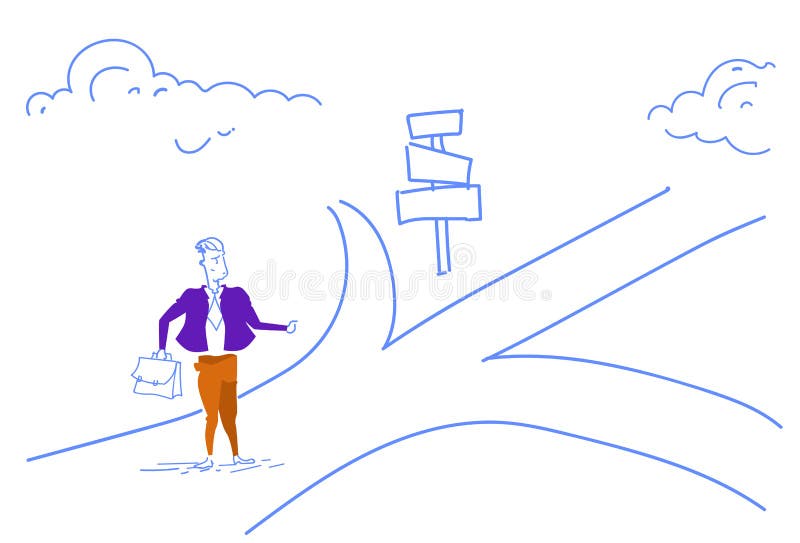 Confused businessman standing road sign choose direction way signboard arrow sketch doodle horizontal royalty free illustration Confused businessman standing road sign choose direction way signboard arrow sketch doodle horizontal royalty free illustration