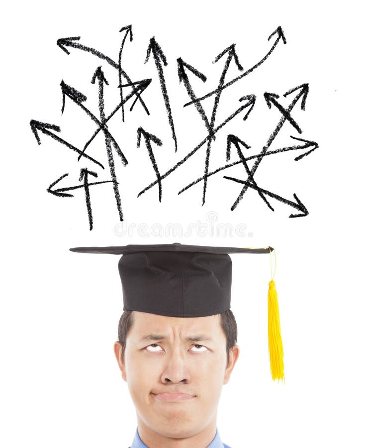 Confused graduate looking many different direction arrow sign. Confused graduate looking many different direction arrow sign