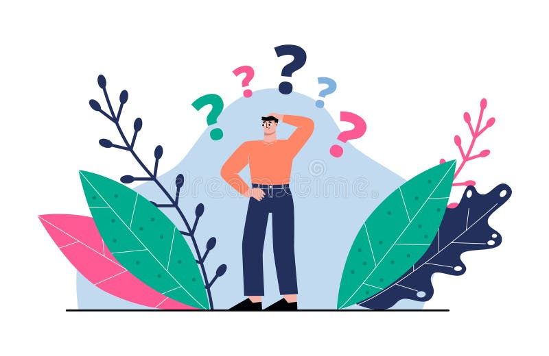 Confused man with question marks. Curious thoughtful person, doubt solution. Business guy thinking, curious student royalty free illustration