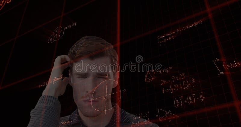 Confused man solving complex math equations on virtual screen, deep in thought stock photo