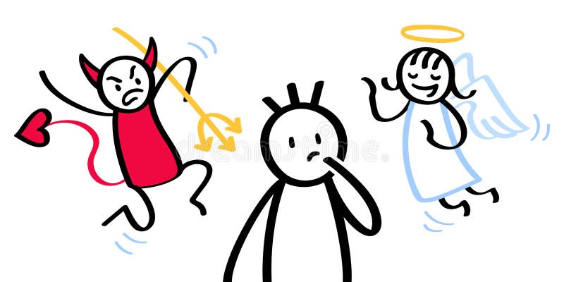 Confused stick man with conflicting shoulder angel and devil