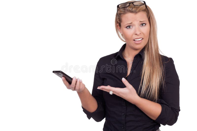Confused woman holding a smartphone