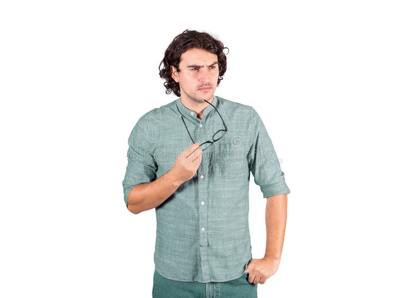 Confused Young Man, Long Curly Hair Style, Holds Eyeglasses in His Hand,  Thoughtful Gesture, Looking Suspicious Aside Isolated on Stock Photo -  Image of face, emotion: 199789012