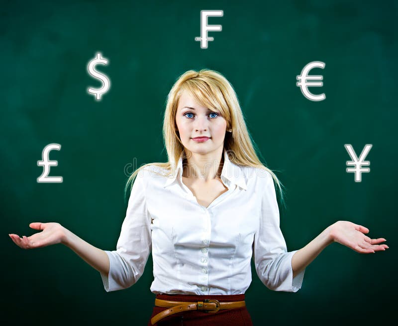Confuso, mulher de negócio incerta sobre o investimento da moeda imagens de stock Confuso, mulher de negócio incerta sobre o investimento da moeda imagens de stock