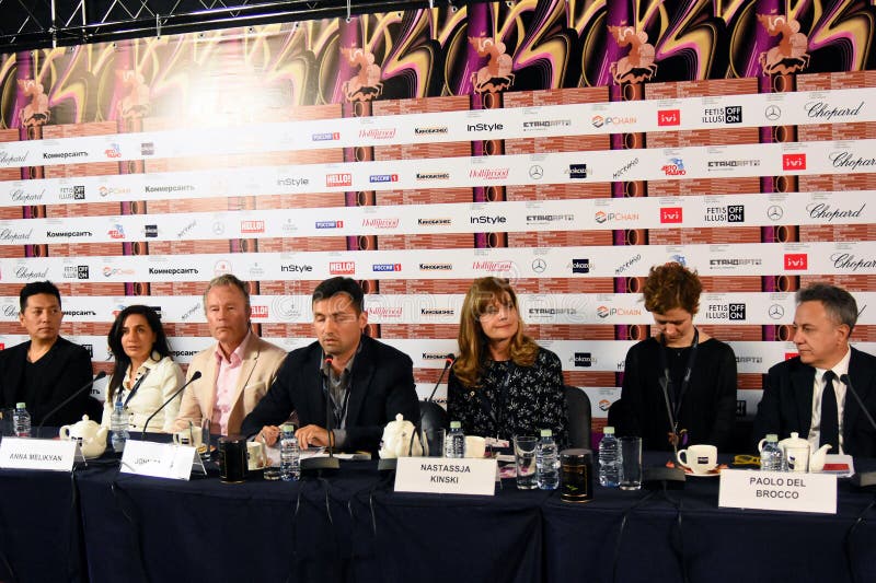 Main competition jury press conference of 40th Moscow International Film Festival. Date: April 20, 2018. Place: Moscow. Color photo. All jury members are presented. Left to right: film director Liang Qiao, China, film director Anna Melikyan, Russia, actor John Savage, USA, translator, actress Nastassja Kinski, Germany, translator, film producer Paolo Del Brocco, Italy, chairman of the jury. Main competition jury press conference of 40th Moscow International Film Festival. Date: April 20, 2018. Place: Moscow. Color photo. All jury members are presented. Left to right: film director Liang Qiao, China, film director Anna Melikyan, Russia, actor John Savage, USA, translator, actress Nastassja Kinski, Germany, translator, film producer Paolo Del Brocco, Italy, chairman of the jury.