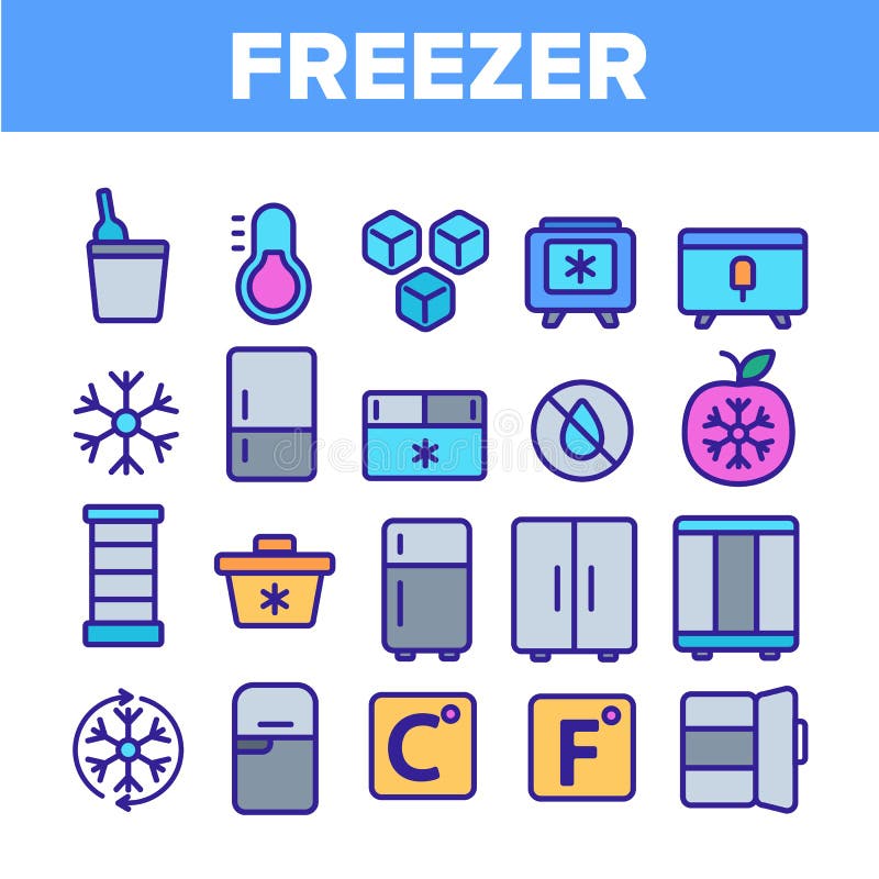 Congelatore, insieme lineare di raffreddamento delle icone di vettore degli apparecchi