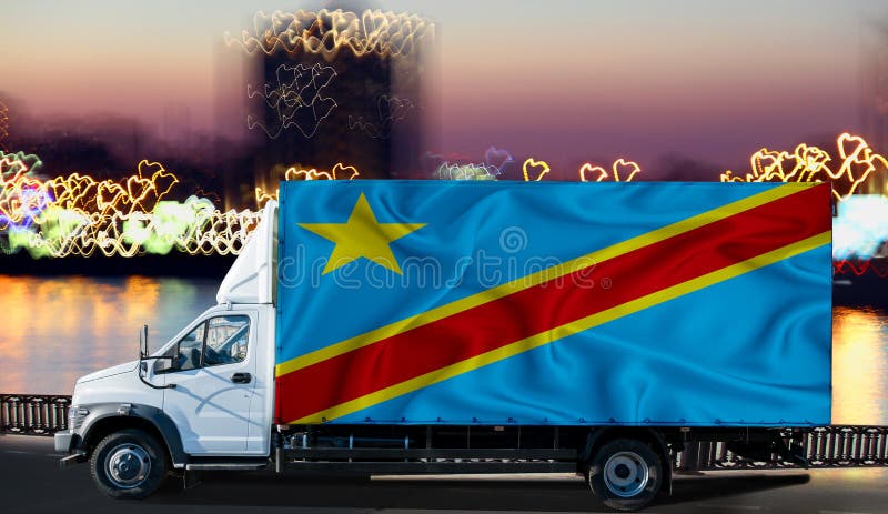 Congo flag on the side of a white van against the backdrop of a blurred city and river. Logistics concept stock illustration