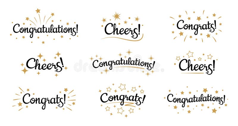 Congrats lettering. Congratulation text labels, cheers sign decorated with golden burst and stars and congratulations