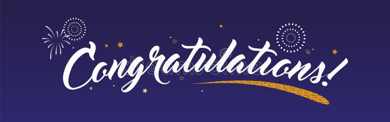Congrats lyckönskanbaner med blänker garnering och fyrverkerier Handskrivet modernt borstebokstävermörker stock illustrationer