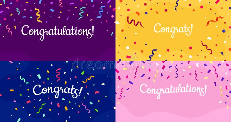 Congratulations confetti banner. Congrats card with color confetti, congratulation lettering banners vector set