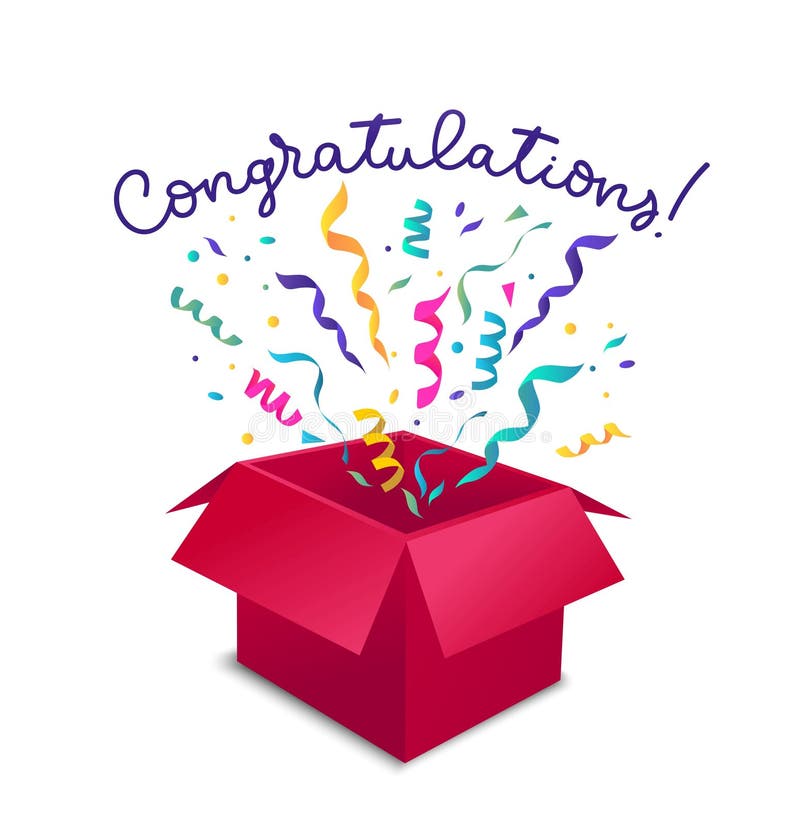 Congratulations greeting card with open gift box, ribbons and confetti isolated on white backgrounds. Vector gift concept.