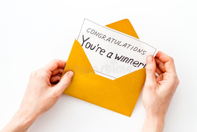 Congratulations You Re A Winner Hands Holding Envelope With Letter White Background Top View Stock Image Image Of Selected Topdown