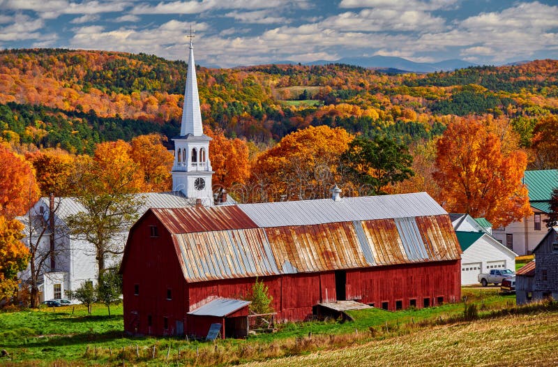 Church and Farm with Red Barn at Autumn Stock Photo - Image of leaves ...