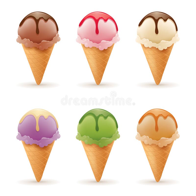 Coni di gelato della fragola, del cioccolato, della vaniglia e del pistacchio sopra priorità bassa bianca illustrazione di stock