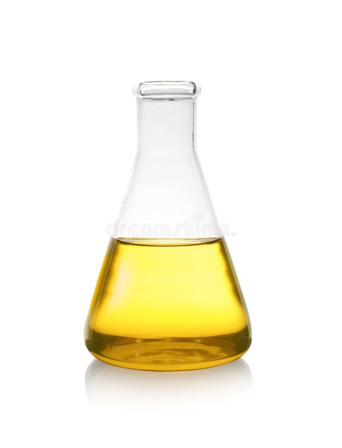 Conical flask with color liquid on white background. Solution chemistry stock photo