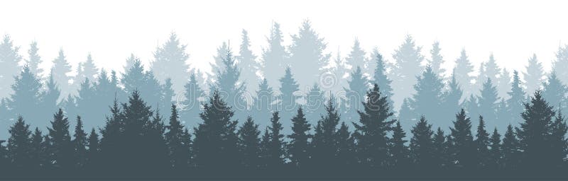 Coniferous winter forest background. Nature, landscape. Pine, spruce, christmas tree. Fog evergreen coniferous trees. Silhouette