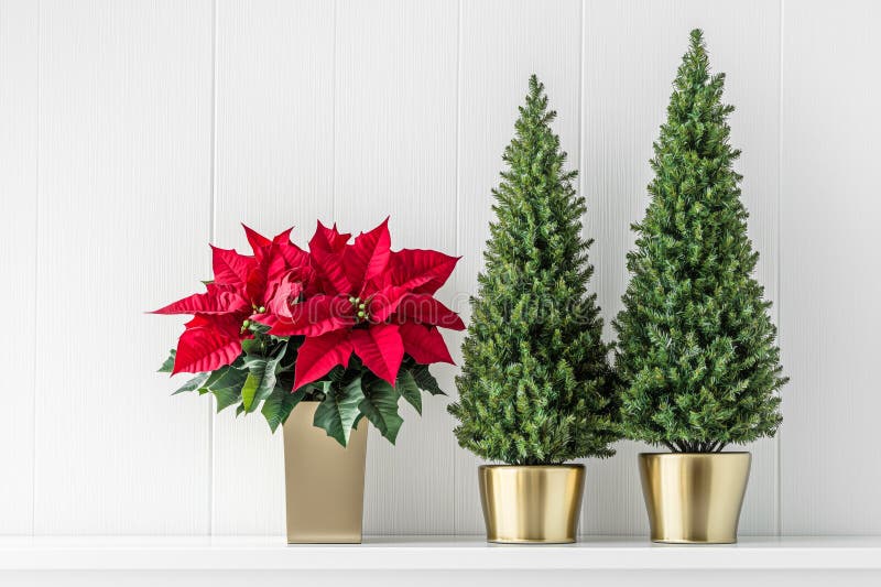 Conifers and Bright Red Poinsettia Flower in Gold Vases Stock Conifers and Bright Red Poinsettia Flower in Gold Vases Stock