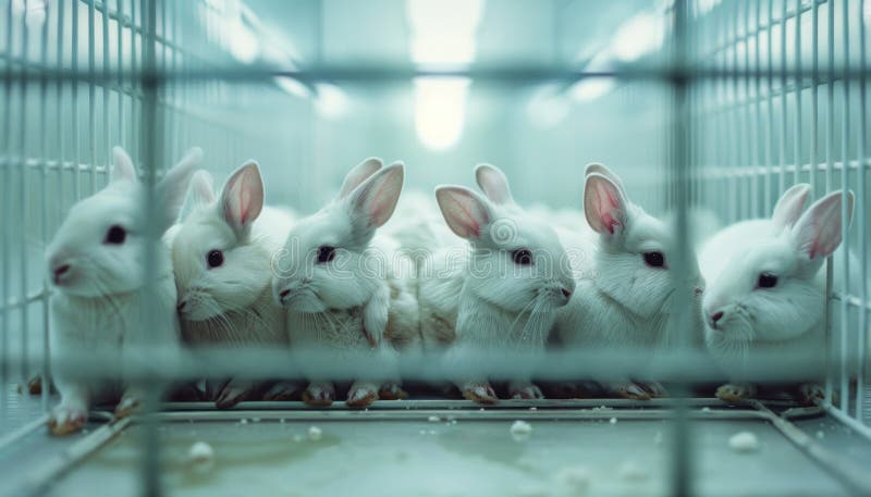 A group of white rabbits with whiskers and fur are sitting in a cage made of metal composite material. They look symmetrical in the circular pet supply event AI generated. A group of white rabbits with whiskers and fur are sitting in a cage made of metal composite material. They look symmetrical in the circular pet supply event AI generated