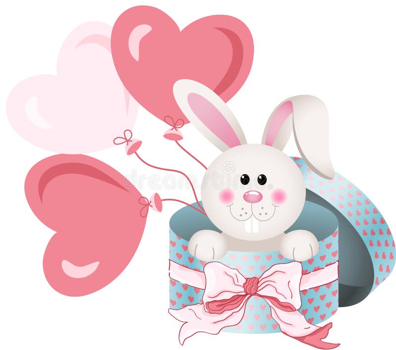 Coniglietto in contenitore di regalo rotondo con il nastro ed i palloni dell'arco illustrazione di stock Coniglietto in contenitore di regalo rotondo con il nastro ed i palloni dell'arco illustrazione di stock