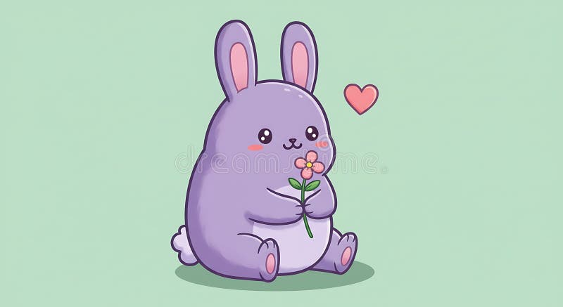 Coniglio di cartone viola con orecchie grandi che tiene in mano un fiore rosa. Il coniglio ha royalty illustrazione gratis