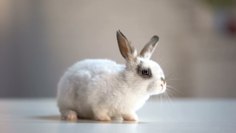 Coniglio domestico sveglio che si siede sulla tavola nel deposito dell'animale domestico, buon presente per i bambini immagine stock libera da diritti Coniglio domestico sveglio che si siede sulla tavola nel deposito dell'animale domestico, buon presente per i bambini immagine stock libera da diritti
