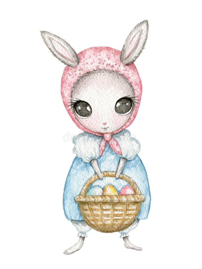 Coniglio pasquale di colore d'acqua in abito blu con cesto con uova. Vignetta pasquale bella coniglietta con un vestito blu e un fazzoletto, con un cestino con uova colorate Disegno a mano di filigrana