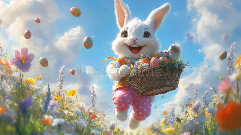 Coniglio sorridente con uova di Pasqua dipinte su una vivace chiesa verde di prato e cielo azzurro sullo sfondo primaverile immagini stock libere da diritti