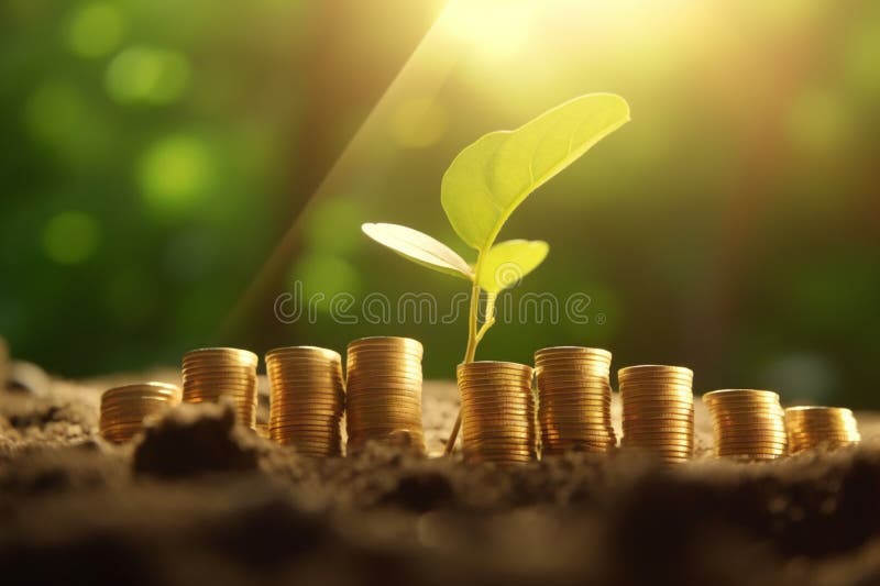 A green seedling growing from coins on the ground represents the idea of sustainable development and eco-financing. A green seedling growing from coins on the ground represents the idea of sustainable development and eco-financing