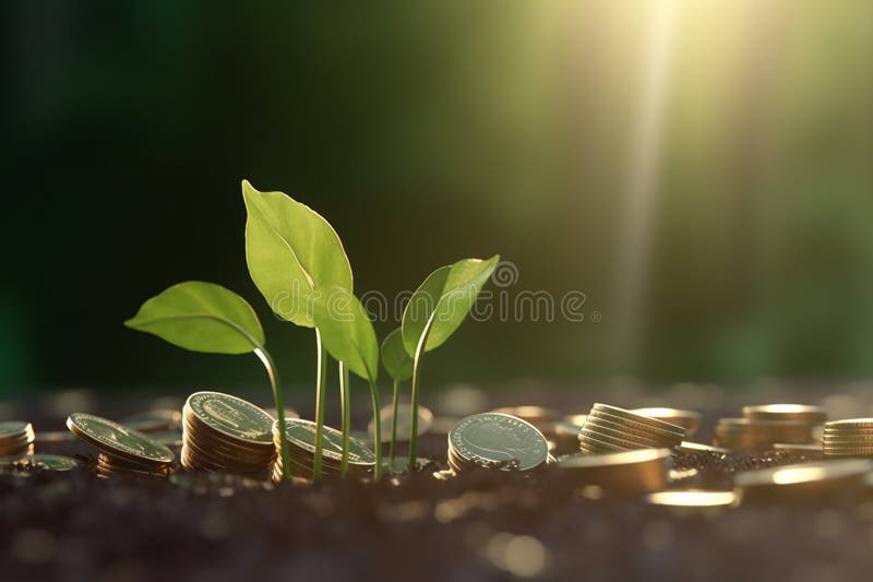 A green seedling growing from coins on the ground represents the idea of sustainable development and eco-financing. A green seedling growing from coins on the ground represents the idea of sustainable development and eco-financing