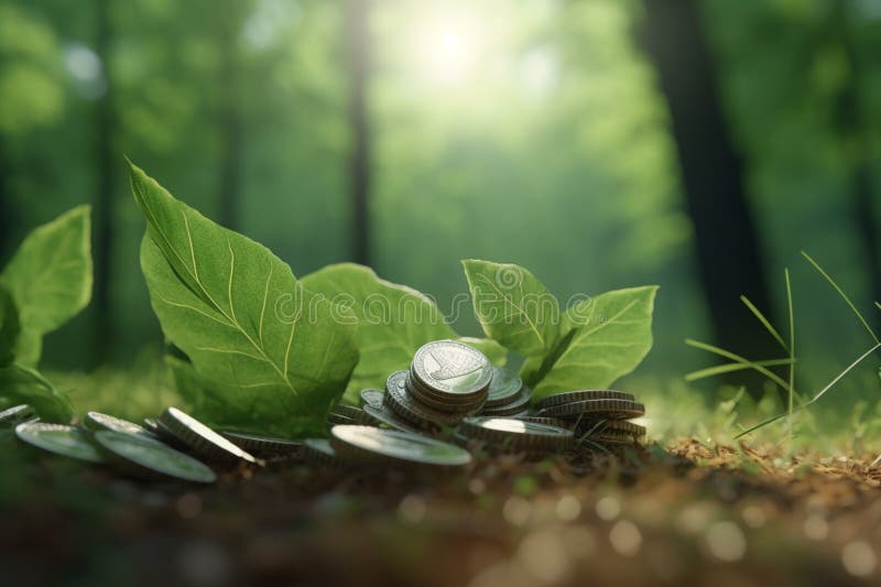 A green seedling growing from coins on the ground represents the idea of sustainable development and eco-financing. A green seedling growing from coins on the ground represents the idea of sustainable development and eco-financing