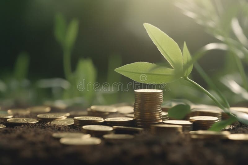 A green seedling growing from coins on the ground represents the idea of sustainable development and eco-financing. A green seedling growing from coins on the ground represents the idea of sustainable development and eco-financing