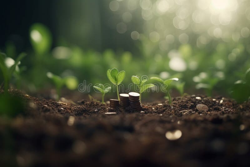 A green seedling growing from coins on the ground represents the idea of sustainable development and eco-financing. A green seedling growing from coins on the ground represents the idea of sustainable development and eco-financing