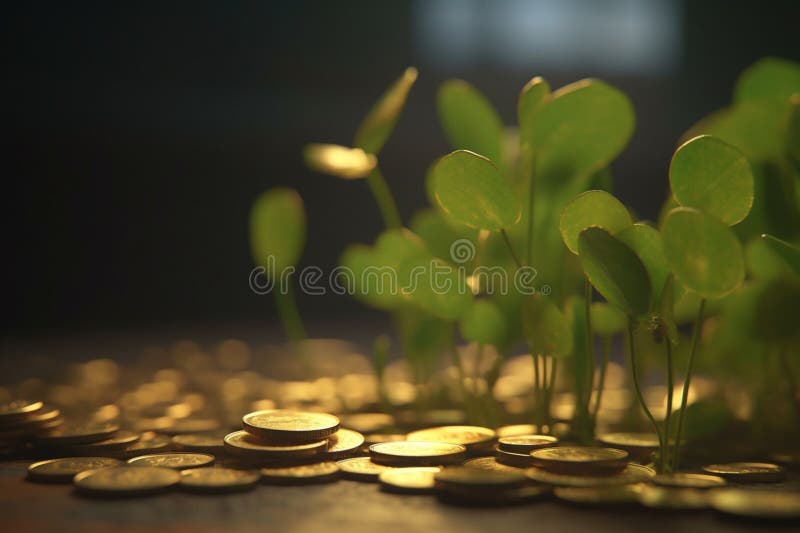 A green seedling growing from coins on the ground represents the idea of sustainable development and eco-financing. A green seedling growing from coins on the ground represents the idea of sustainable development and eco-financing