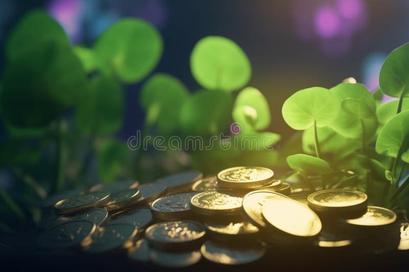 A green seedling growing from coins on the ground represents the idea of sustainable development and eco-financing. A green seedling growing from coins on the ground represents the idea of sustainable development and eco-financing