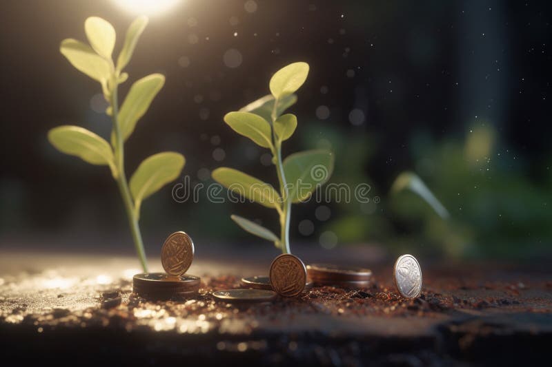 A green seedling growing from coins on the ground represents the idea of sustainable development and eco-financing. A green seedling growing from coins on the ground represents the idea of sustainable development and eco-financing