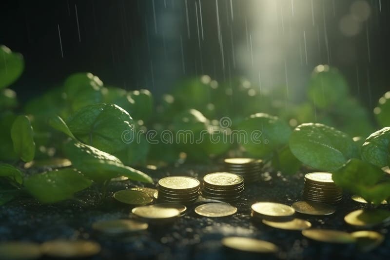 A green seedling growing from coins on the ground represents the idea of sustainable development and eco-financing. A green seedling growing from coins on the ground represents the idea of sustainable development and eco-financing