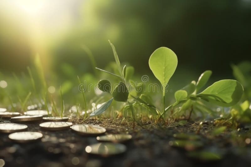 A green seedling growing from coins on the ground represents the idea of sustainable development and eco-financing. A green seedling growing from coins on the ground represents the idea of sustainable development and eco-financing